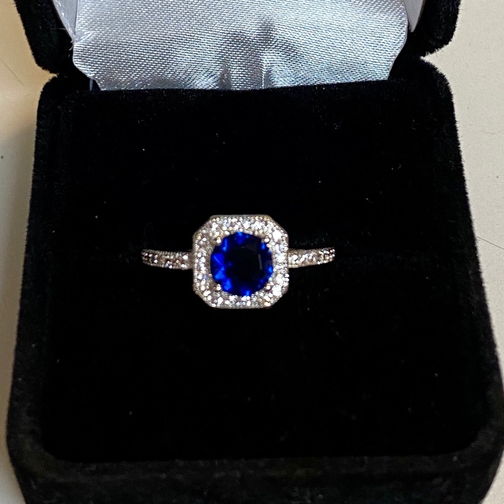 925 Sterling Silver Blue CZ Diamond Halo Ring - Picture 1 of 14